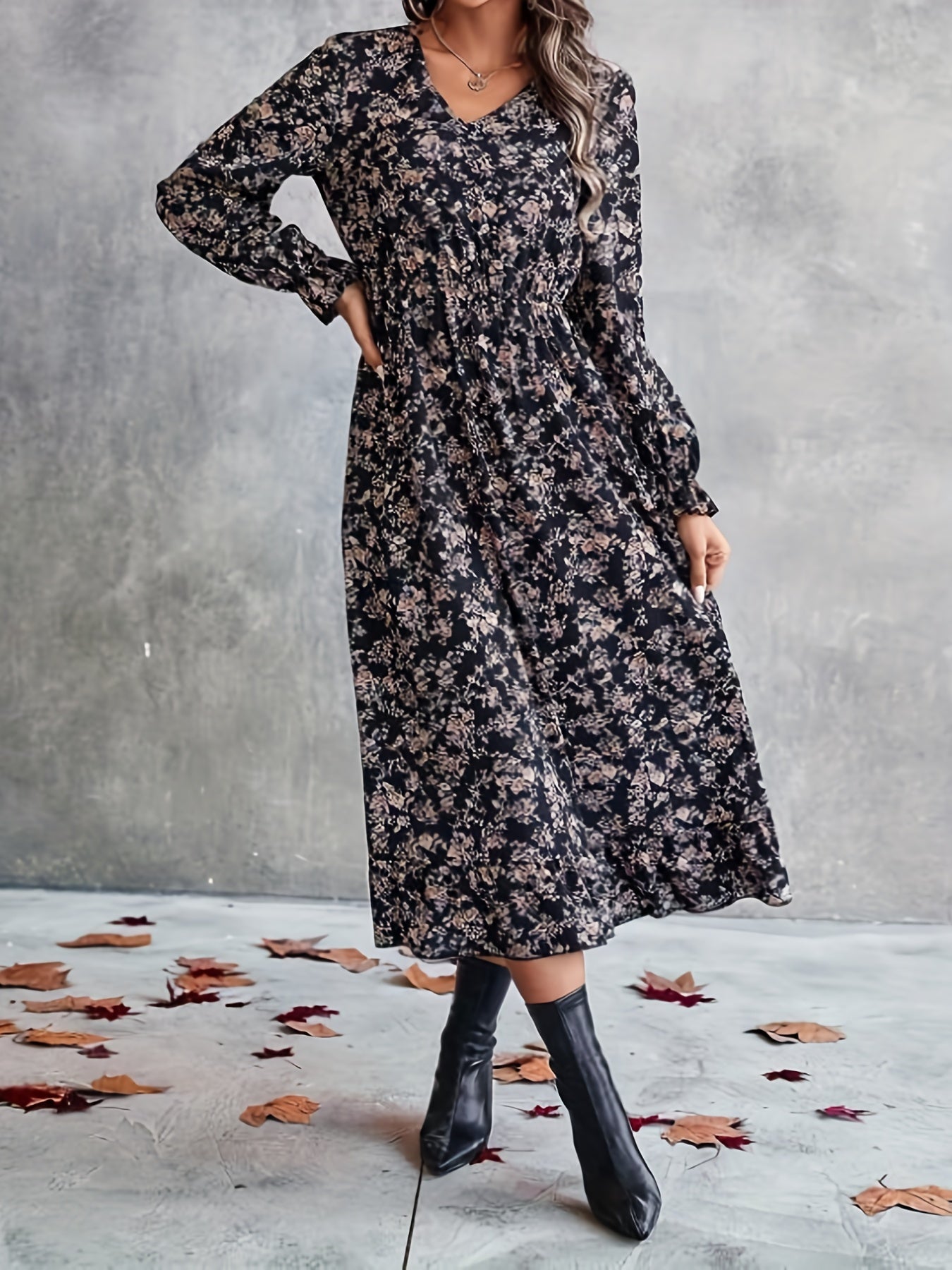 Schwarzes Ditsy Blumenmuster Midi-Kleid - Laura