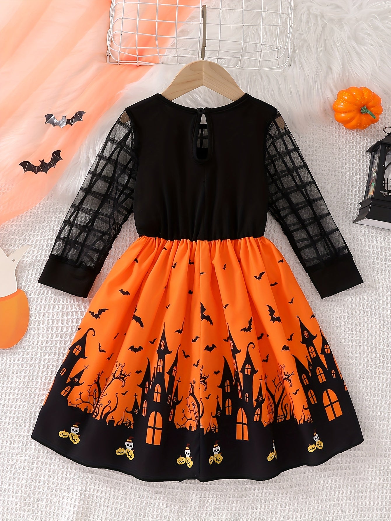 Mädchen Halloween-Kleid mit Mesh-Langarm und verspieltem Print