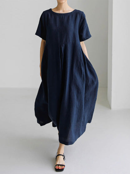 Marineblaues Lockeres Midi-Kleid Mit Seitentaschen - Clara