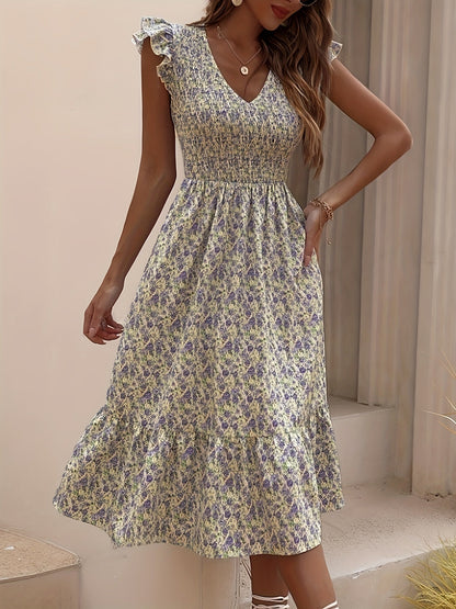 Rougefarbenes blumen midikleid - Vanessa