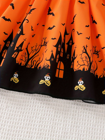 Mädchen Halloween-Kleid mit Mesh-Langarm und verspieltem Print