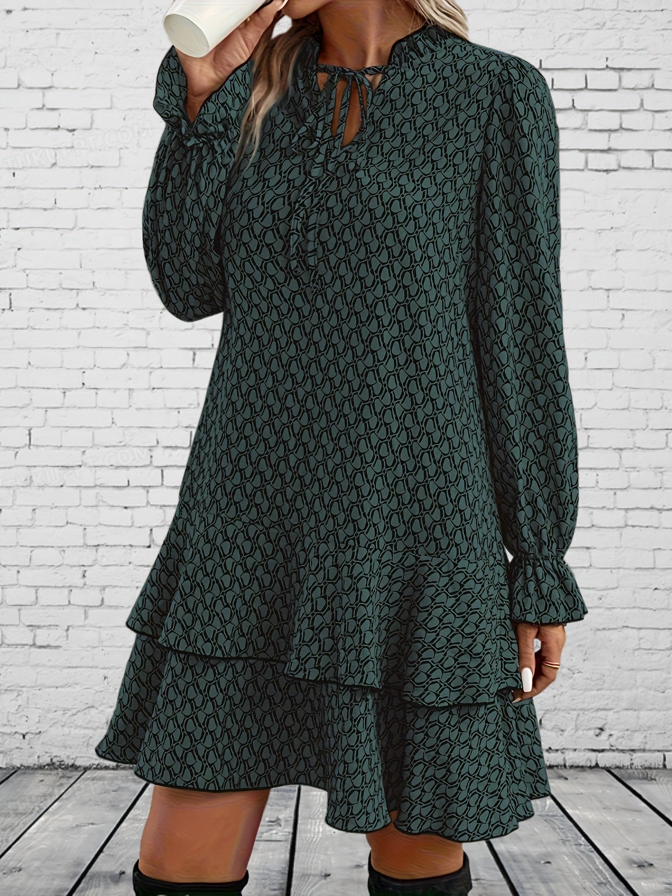 Khaki Gemustertes Rüschenkleid - Nora