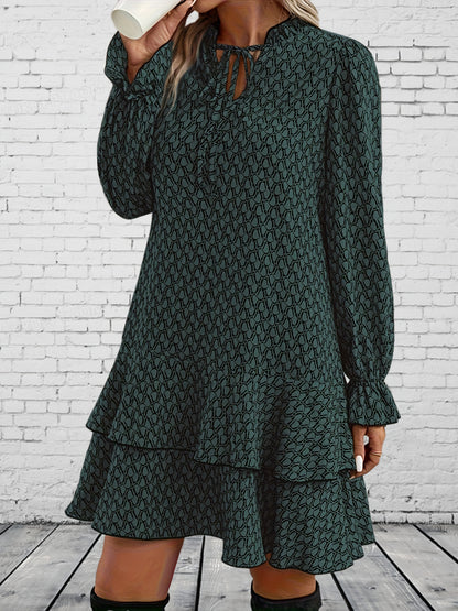 Khaki Gemustertes Rüschenkleid - Nora