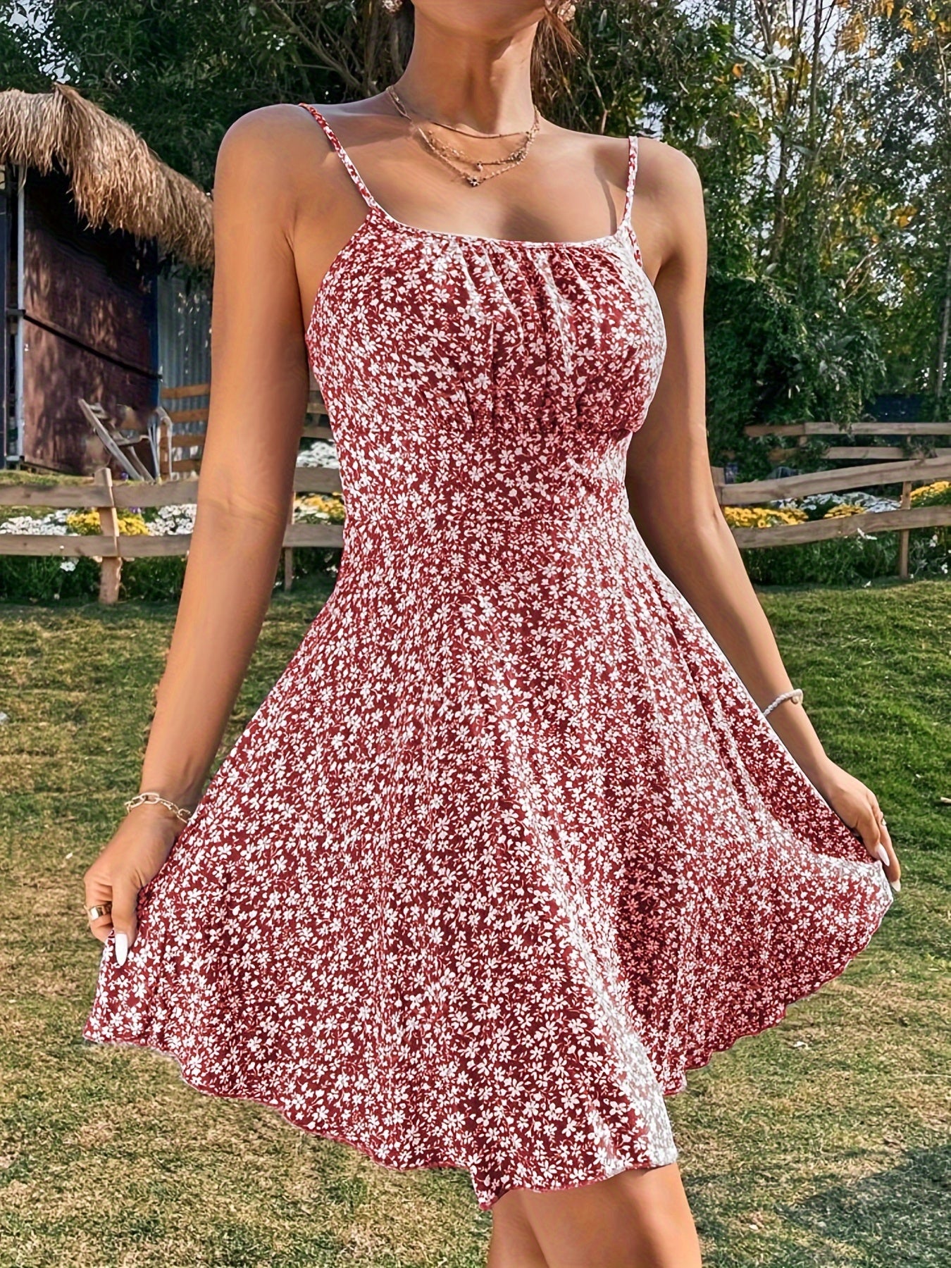 Blaues Blumenmuster-Kleid mit Raffung - Leona