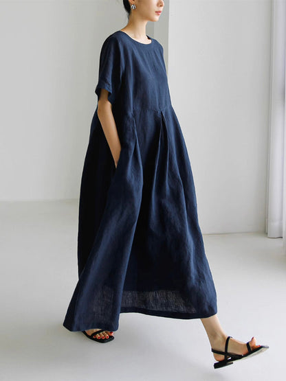 Marineblaues Lockeres Midi-Kleid Mit Seitentaschen - Clara