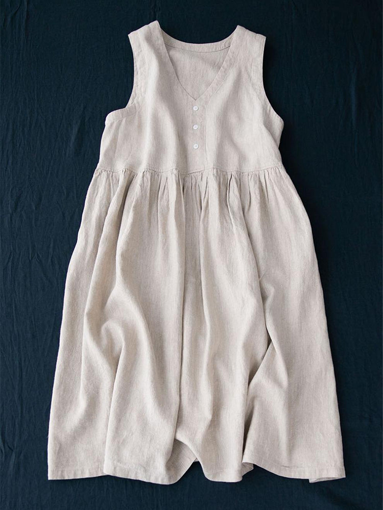 Beiges Ärmelloses Midikleid Mit Knopfdetails - Emma