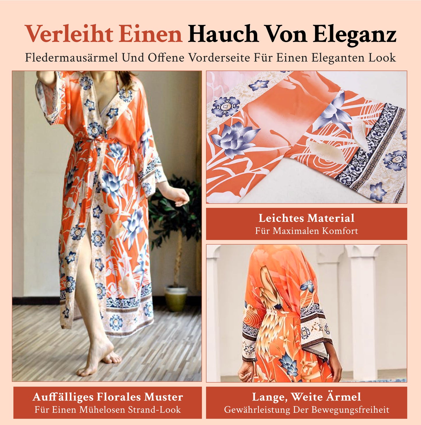 Sofia | Leichter Roter Blumen-Kimono mit Batwing-Ärmeln