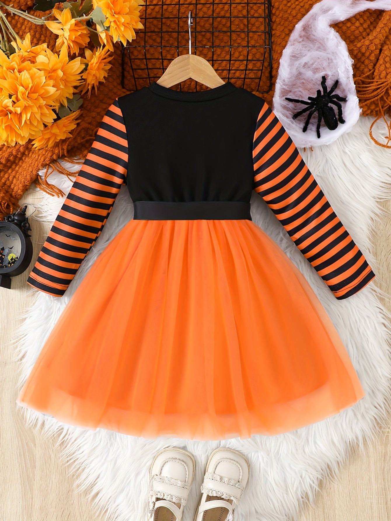 Mädchen Halloween Langarm Kleid mit gestricktem Oberteil und Tüllrock