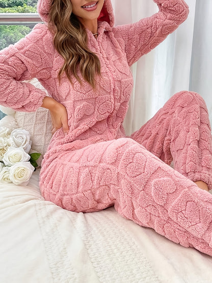 Herz Jacquard Flauschiger Kapuzen-Nacht-Jumpsuit