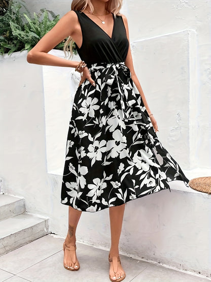 Schwarzes Midikleid mit Blumenmuster und V-Ausschnitt - Isabelle