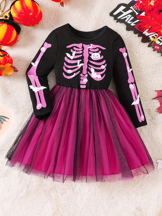Halloween Mädchen Kleid mit Skelett-Print und Tüllrock – Prinzessinnenkleid