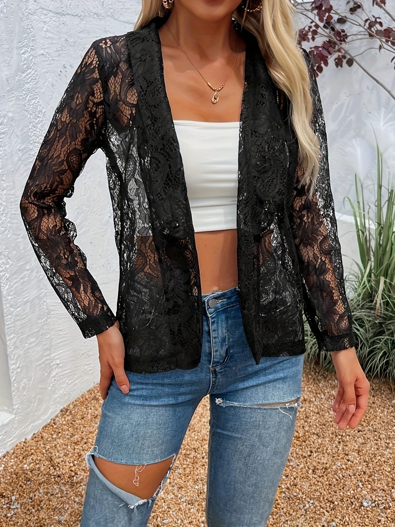 Blazer mit blumenspitze und offener front - isabella