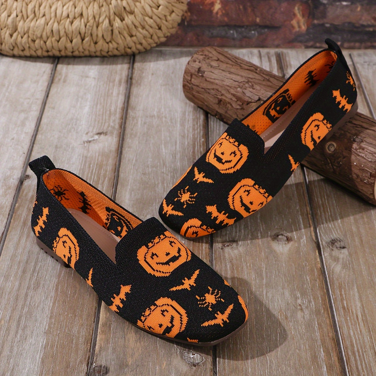 Damen Halloween Flats – Leichte Slip-On Schuhe mit Strickmuster