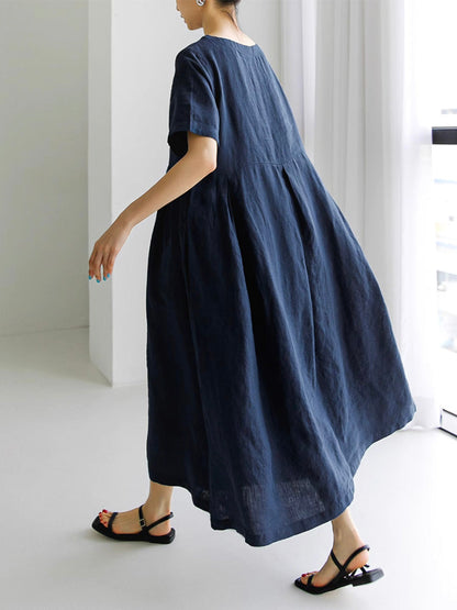 Marineblaues Lockeres Midi-Kleid Mit Seitentaschen - Clara