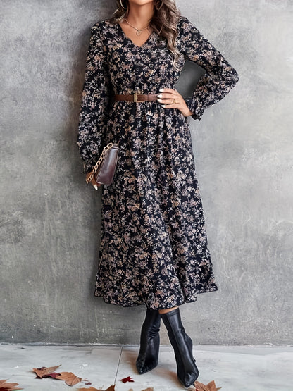 Schwarzes Ditsy Blumenmuster Midi-Kleid - Laura