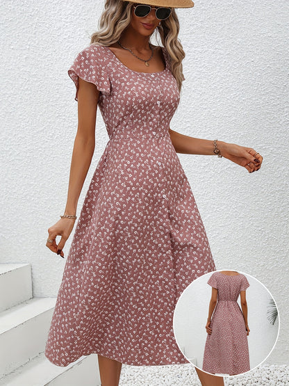 Rosa Blumenmuster Midikleid - Clara