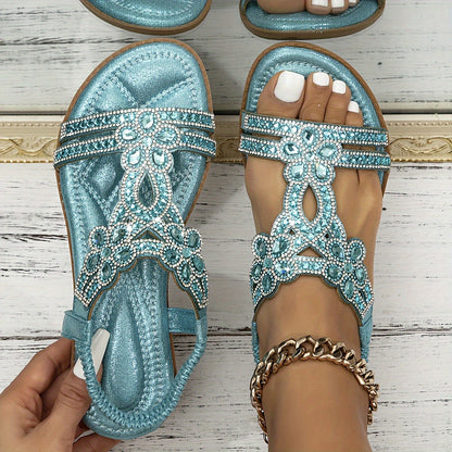 Hellblau Elegance - Floral Rhinestone Sandals