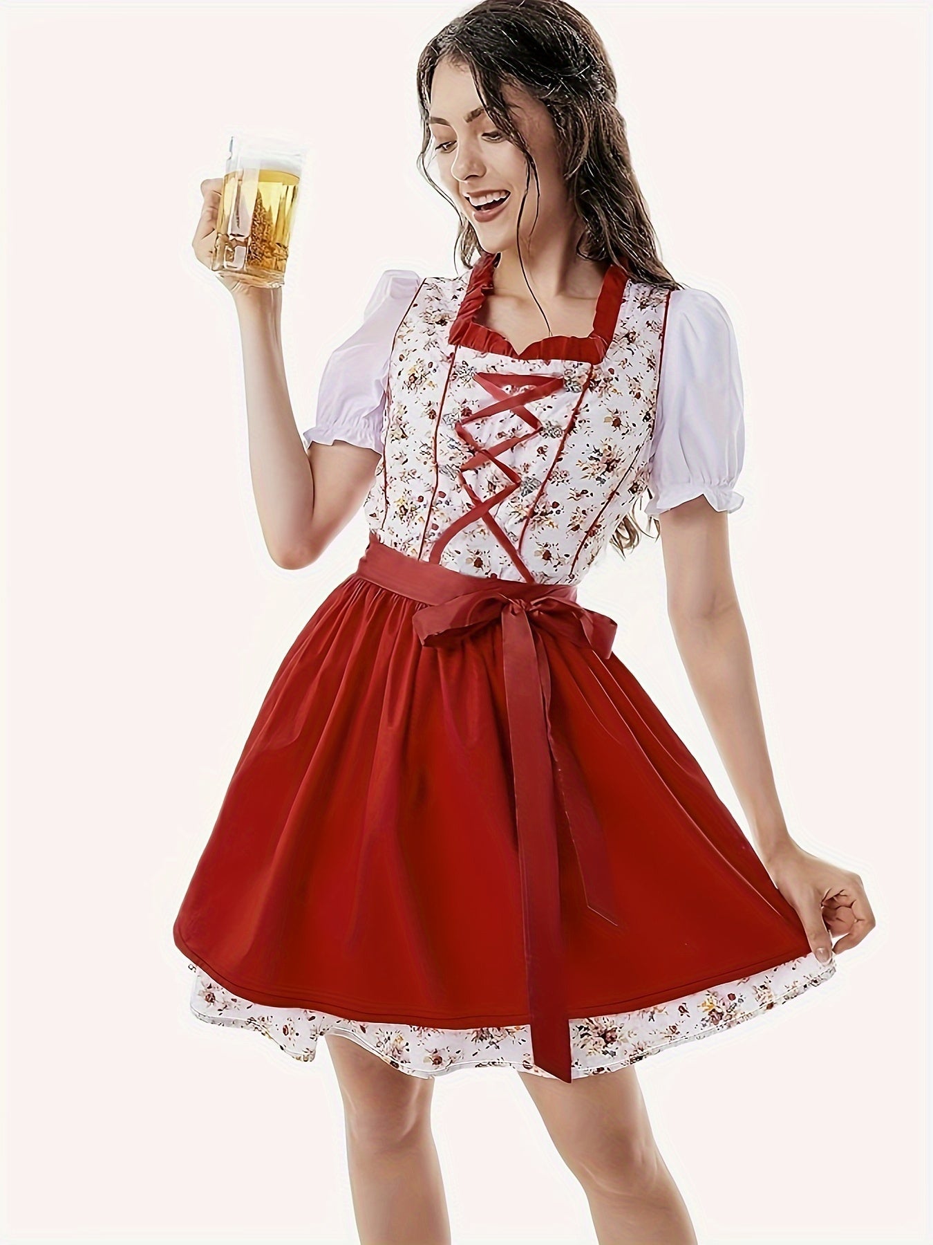 Elora | dirndl kleid mit blumenprint und taftschürze für frauen
