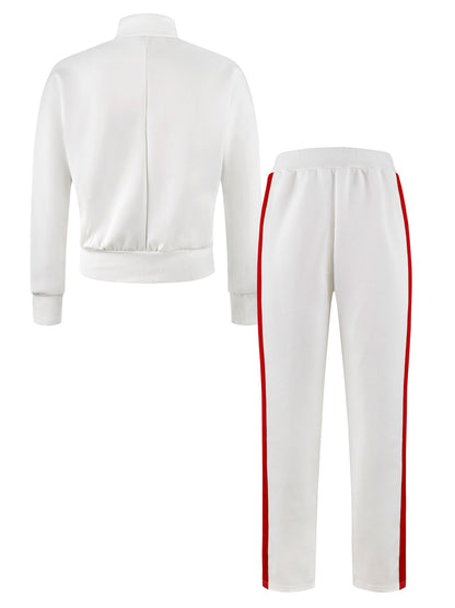 Sportlicher Chic – Weißer Zweiteiler mit roten Streifen