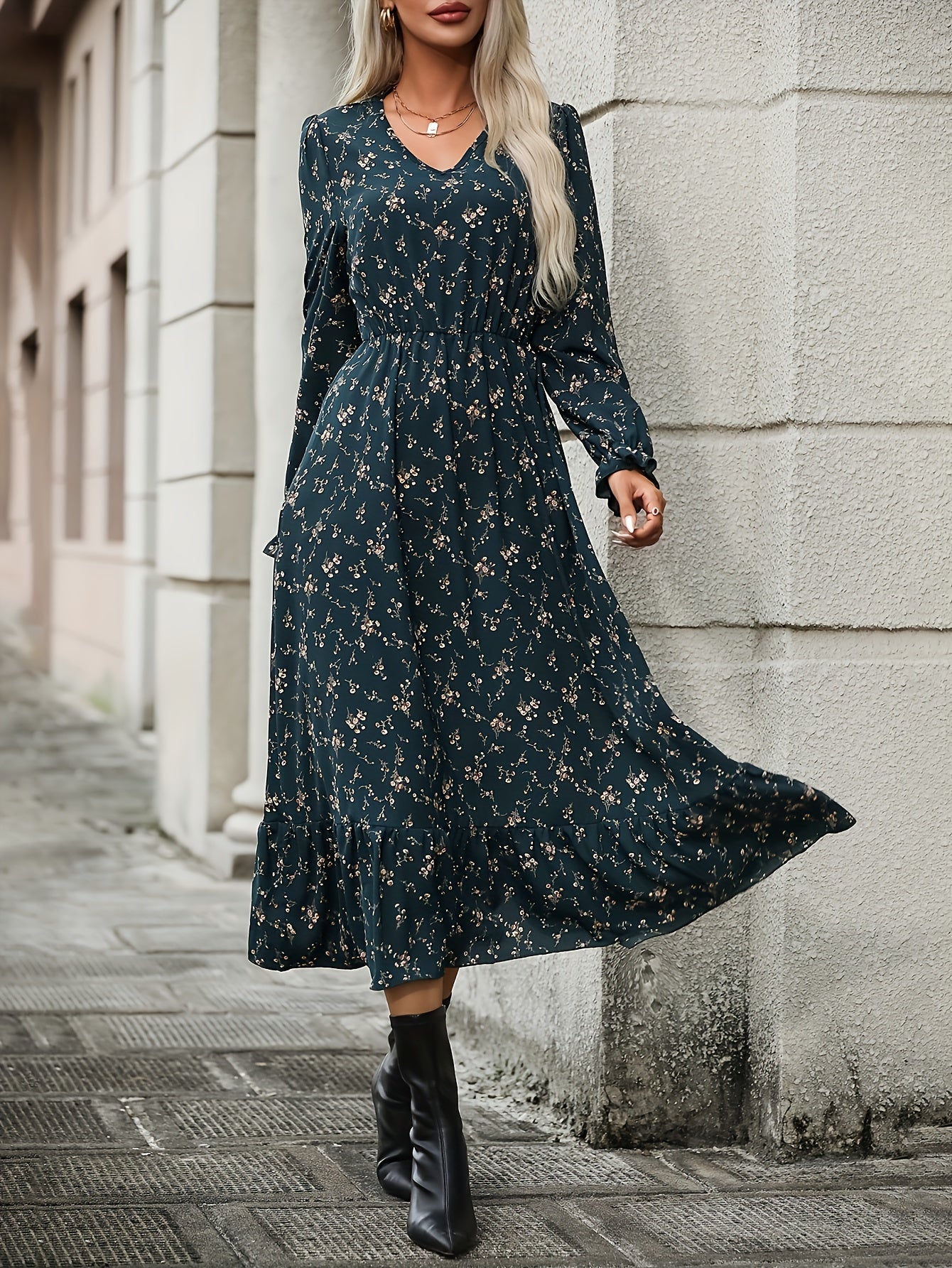 Blumenkleid Dunkelgrün V-Ausschnitt - Anna