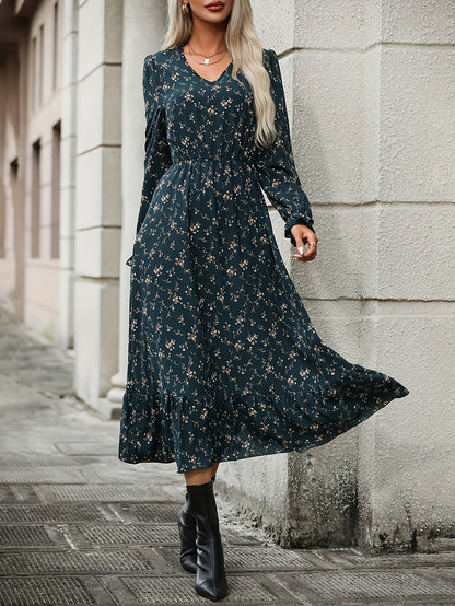 Blumenkleid Dunkelgrün V-Ausschnitt - Anna