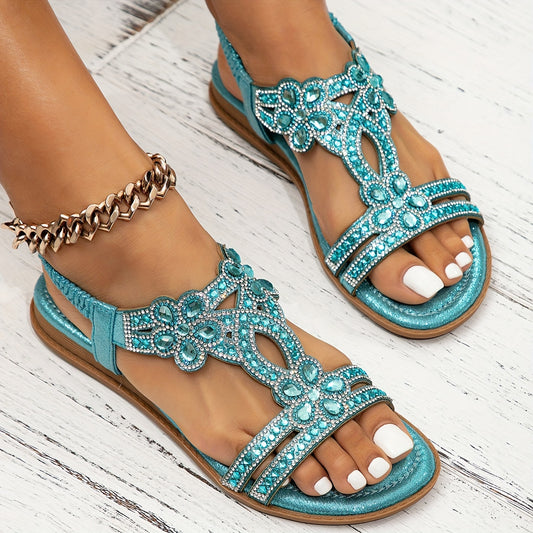 Hellblau Elegance - Floral Rhinestone Sandals
