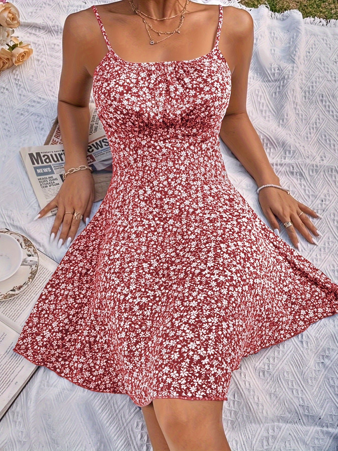 Blaues Blumenmuster-Kleid mit Raffung - Leona