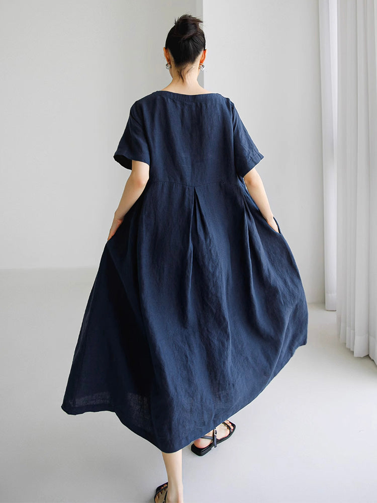 Marineblaues Lockeres Midi-Kleid Mit Seitentaschen - Clara