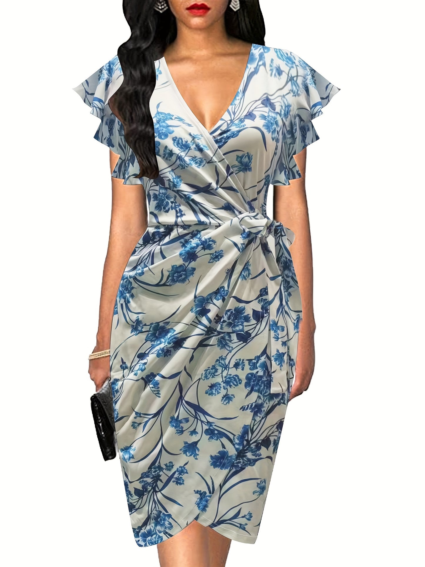 Schwarzes Wickelkleid Rüschenärmel Midi - Lara