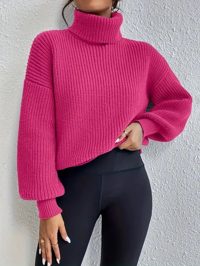 Schicker pullover mit tropfenschulter, laternenärmeln und rollkragen