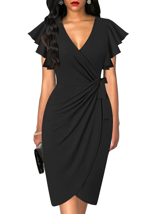 Schwarzes Wickelkleid Rüschenärmel Midi - Lara