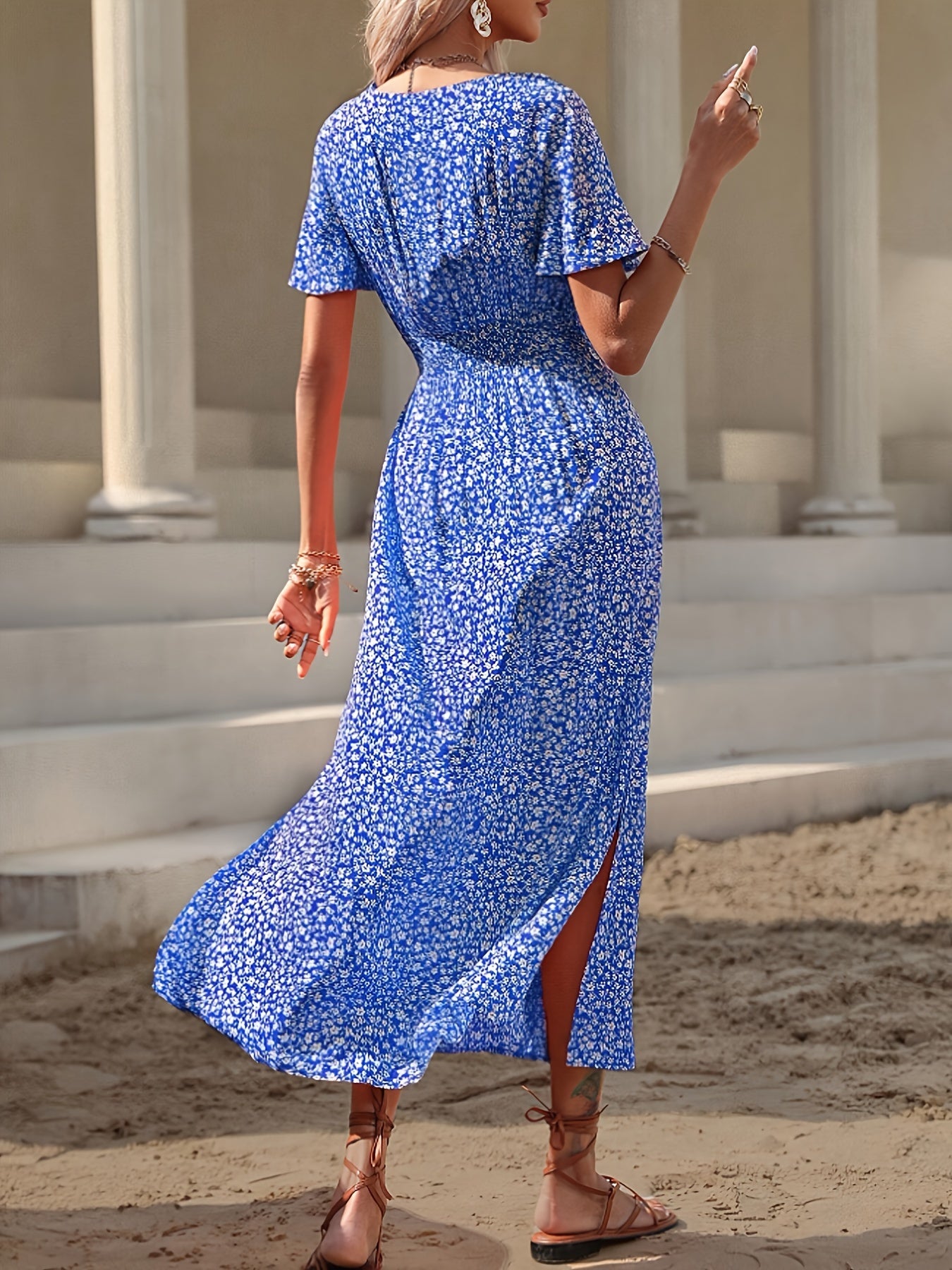 Blaues Blumenprint-Kleid mit Schlitz - Sofia