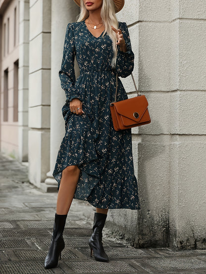 Blumenkleid Dunkelgrün V-Ausschnitt - Anna