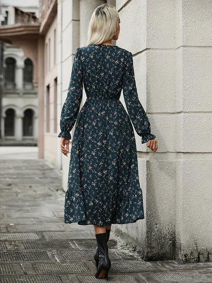 Blumenkleid Dunkelgrün V-Ausschnitt - Anna