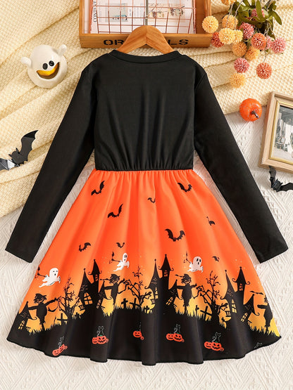 Mädchen Stilvolles Halloween-Kleid mit Cartoon-Geisterhaus