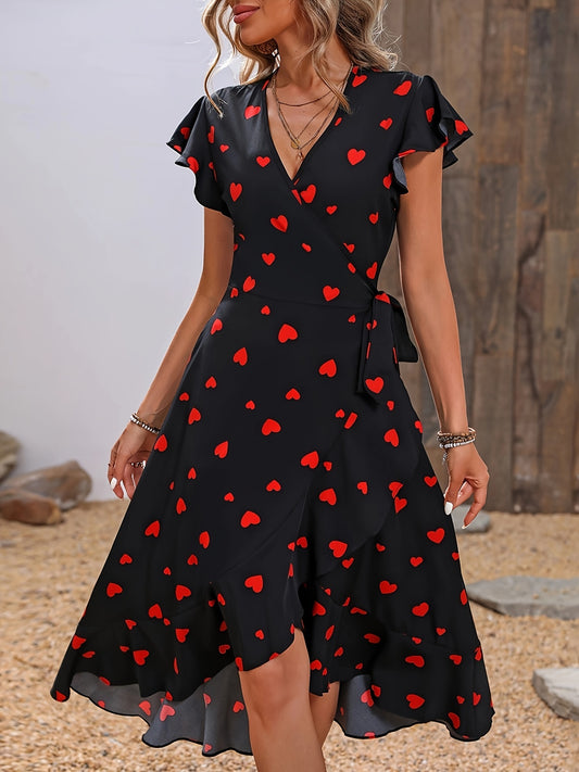 Kleid in Schwarz - Amelie, Herzenmuster, Rüschenrock