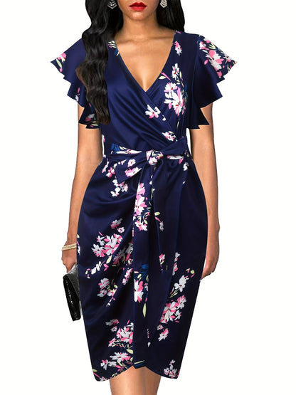 Schwarzes Wickelkleid Rüschenärmel Midi - Lara