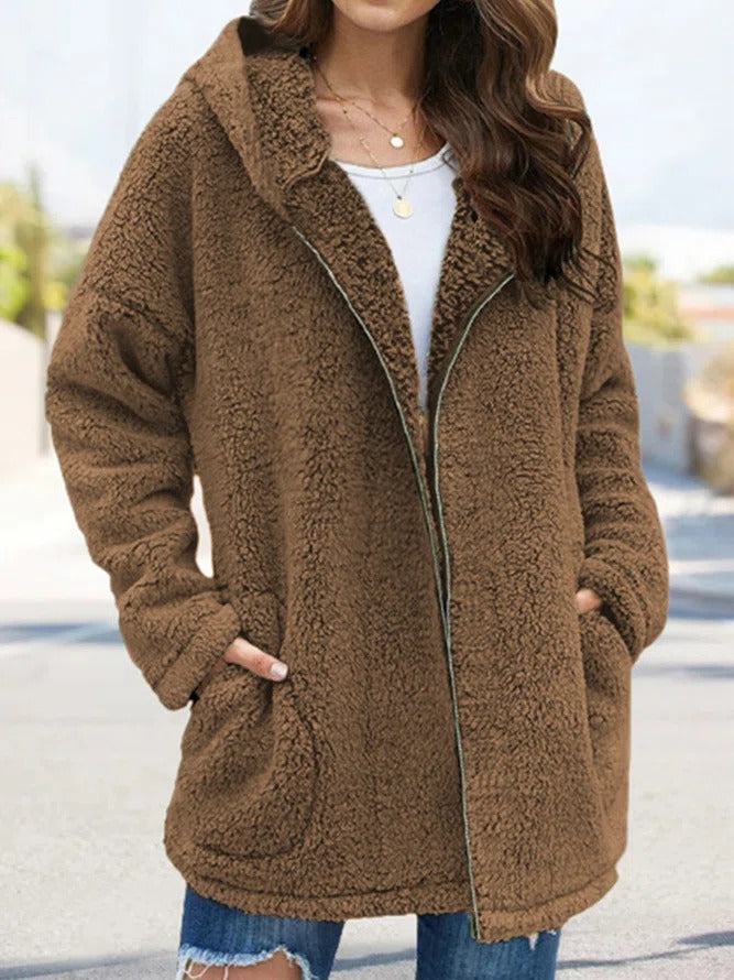 Damen Teddyjacke mit Reißverschluss – Olivegrün
