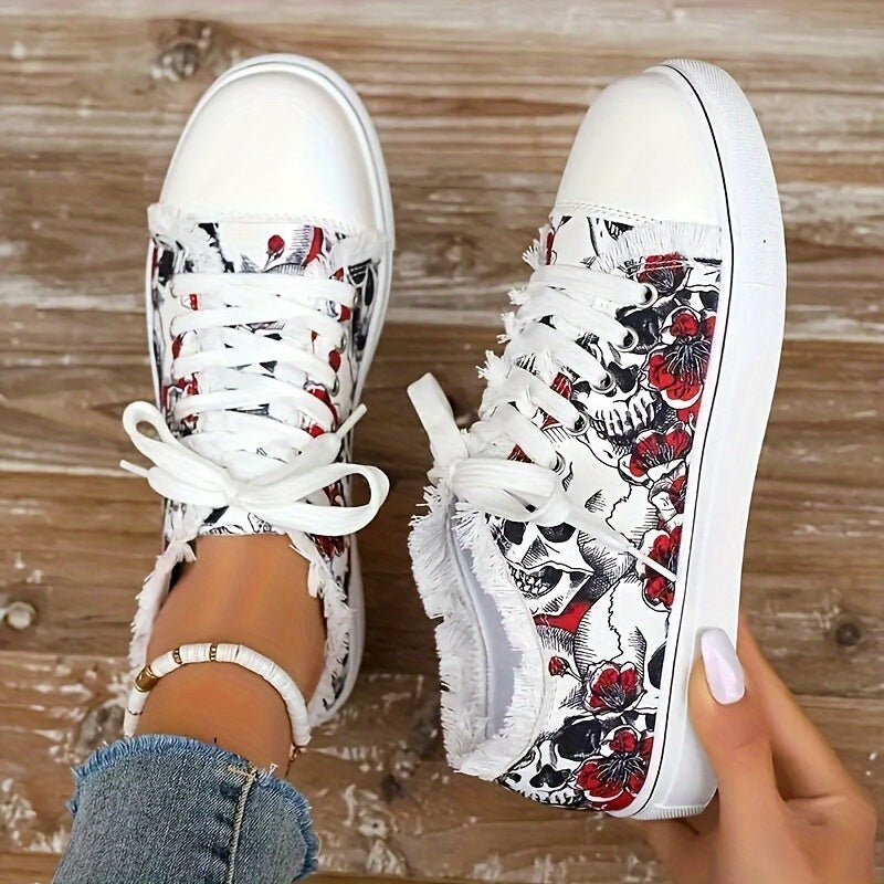 Damen Skull Print Canvas Sneakers – Bequeme Freizeitschuhe mit Schnürung