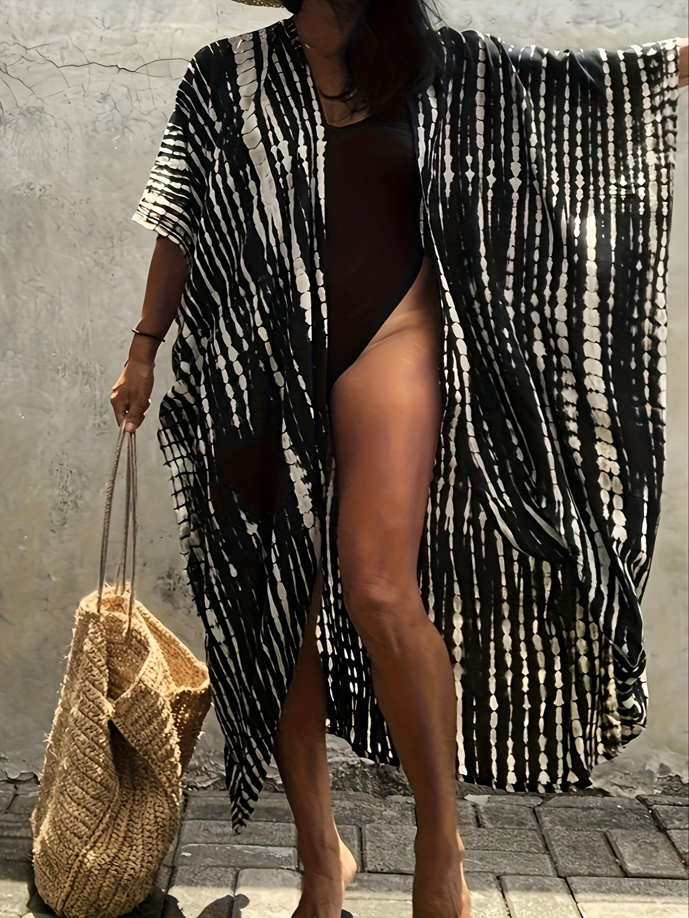 Schwarzes Boho-Kimono Kleid - Mila