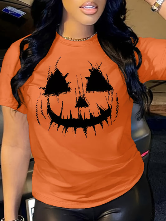 Kürbisgesicht T-Shirt, Casual Kurzarm Oberteil mit Rundhals