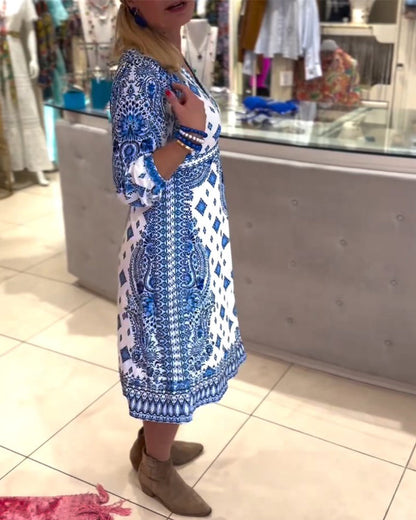 Lina - Blaues Musterkleid Boho-Chic
