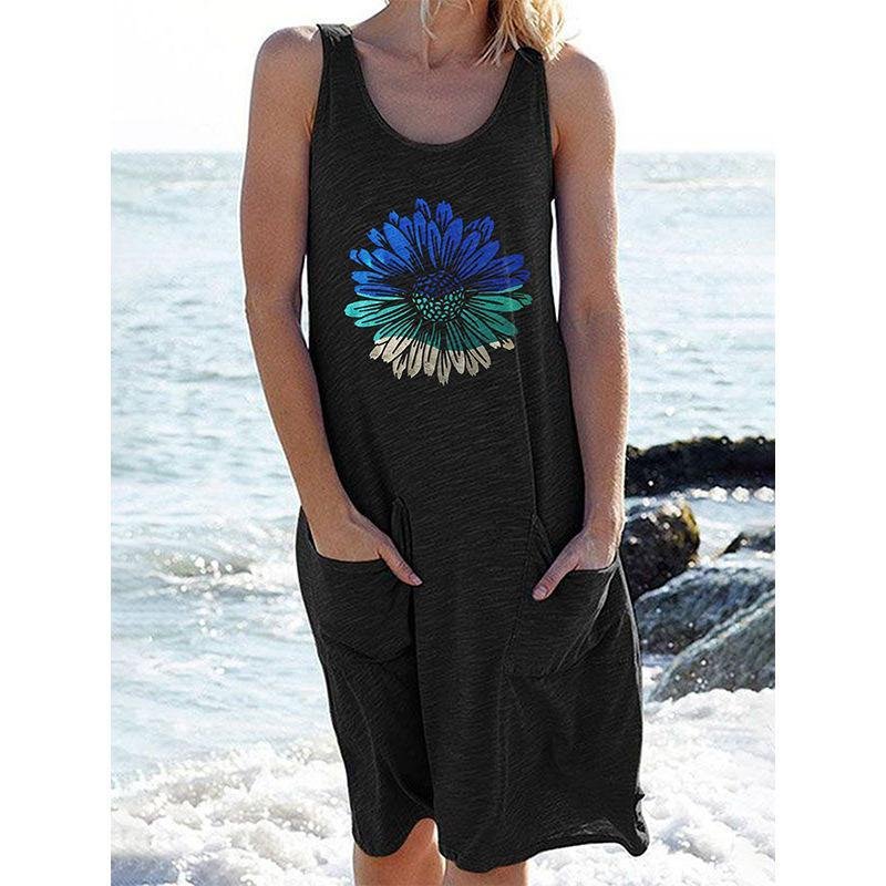 Bedrucktes ärmelloses Strickkleid Langes Freizeitkleid