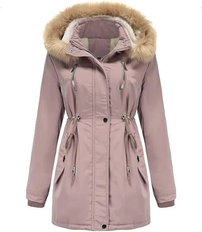 Lovi - langer mantel mit kunstpelzkapuze und fleecefutter