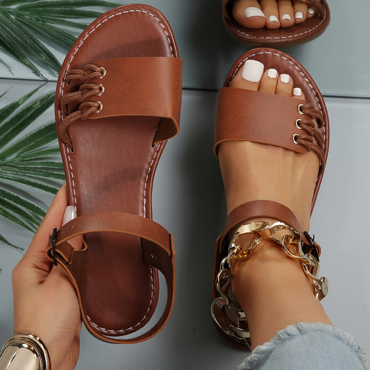 Dunkelbraune Flache Sandalen mit Knöchelriemen - Nora