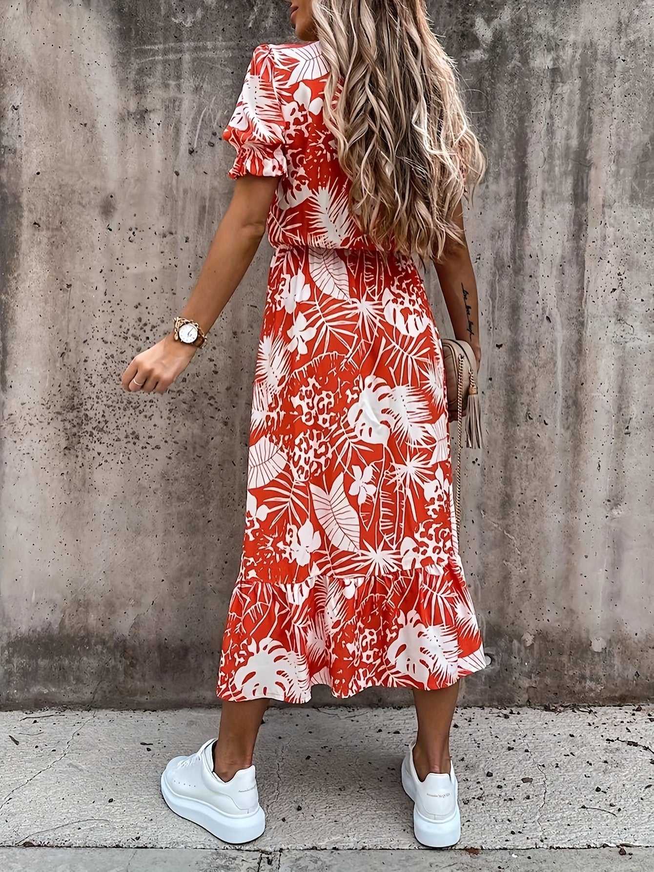 Rotes Leaf Print Midi-Kleid - Mia