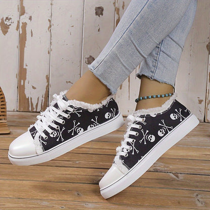 Damen Skull Print Canvas Sneakers – Bequeme Freizeitschuhe mit Schnürung