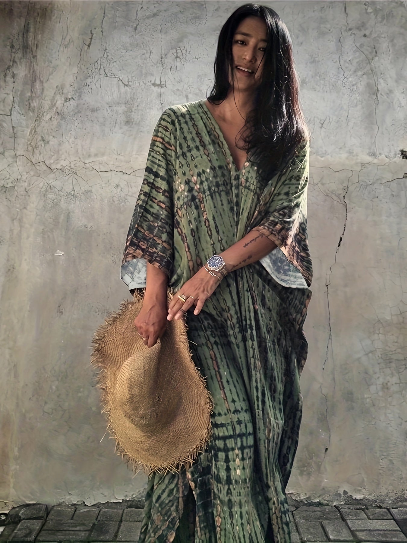 Armeegrüner Batik-Kaftan - Leila