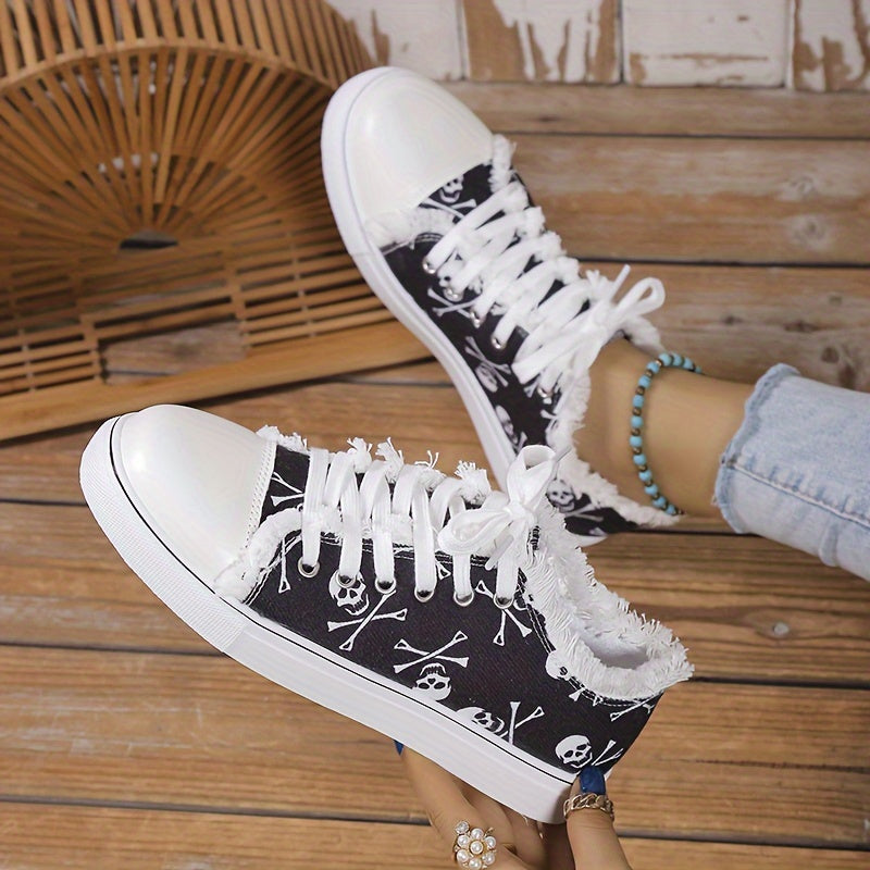 Damen Skull Print Canvas Sneakers – Bequeme Freizeitschuhe mit Schnürung