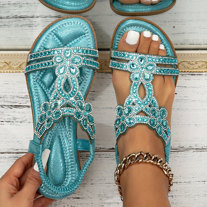 Hellblau Elegance - Floral Rhinestone Sandals